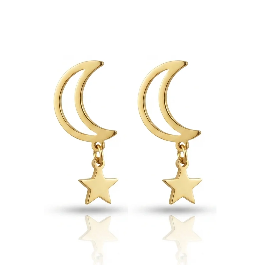 Cercei Lună și Stea Oțel Inoxidabil 2.2 cm Placat Aur 18K PVD - Hipoalergenici - CM1408