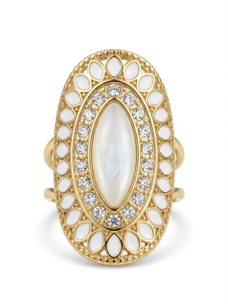 Inel oval cu sidef și zirconii Oțel Inoxidabil Placat Aur 18K PVD - Hipoalergenic - IND1867