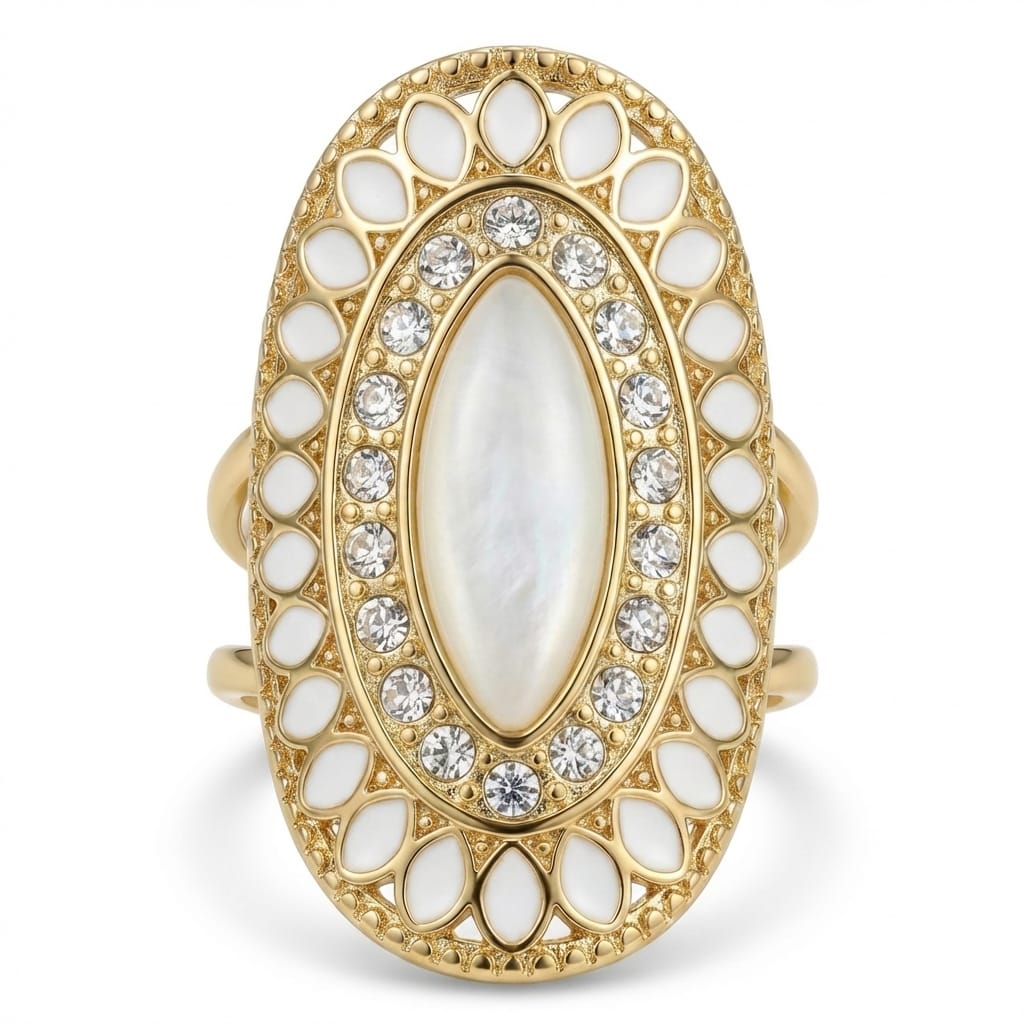 Inel oval cu sidef și zirconii Oțel Inoxidabil Placat Aur 18K PVD - Hipoalergenic - IND1867