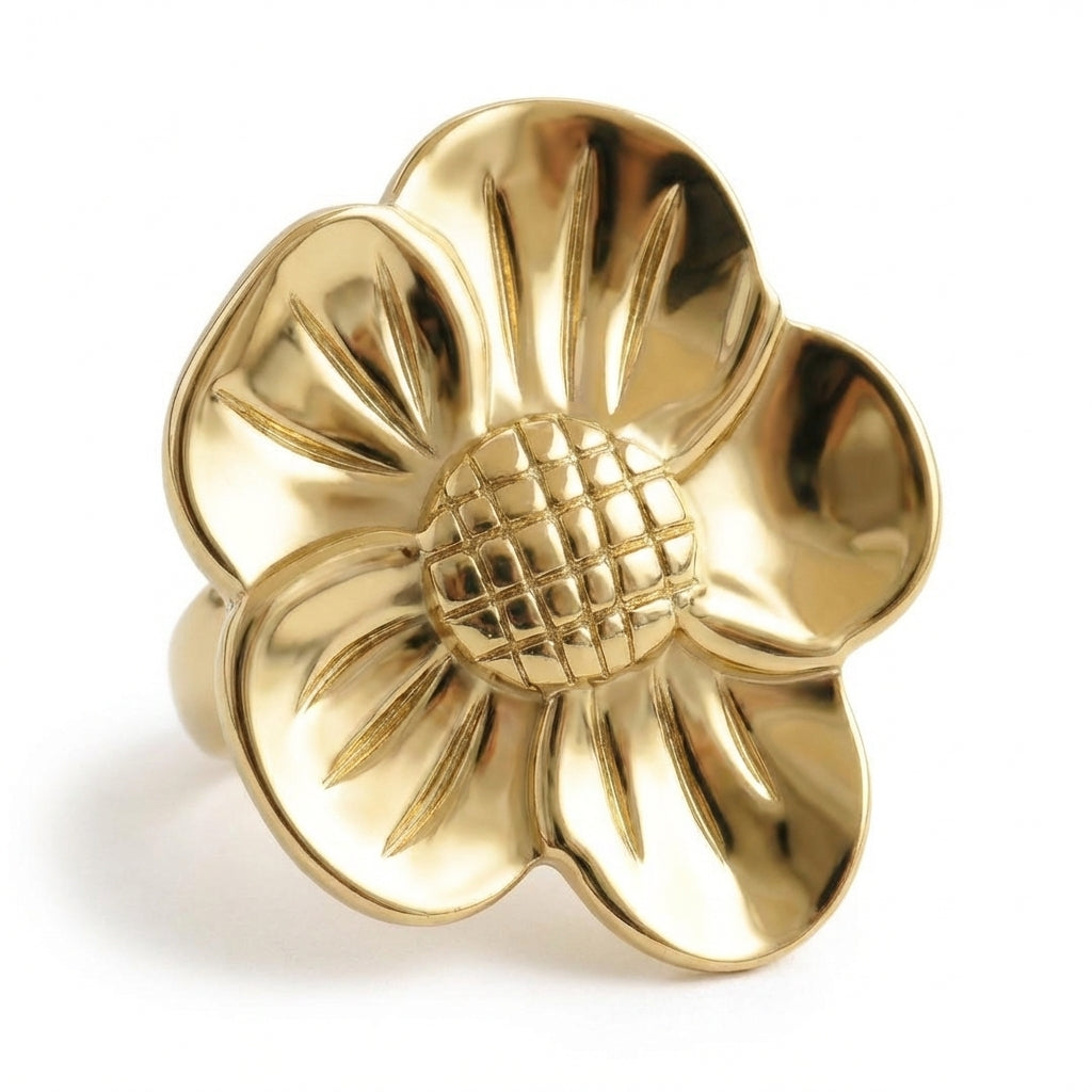 Inel Floare sculptată Oțel Inoxidabil Placat Aur 18K PVD - Hipoalergenic - IND1628