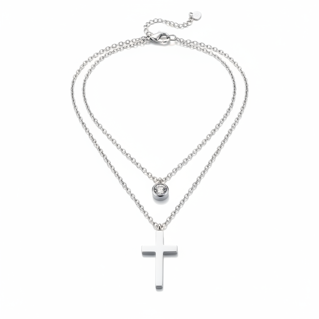 Lănțișor Inox Dublu Layered cu Cristal și Cruce Argintiu - Statement - Hipoalergenic