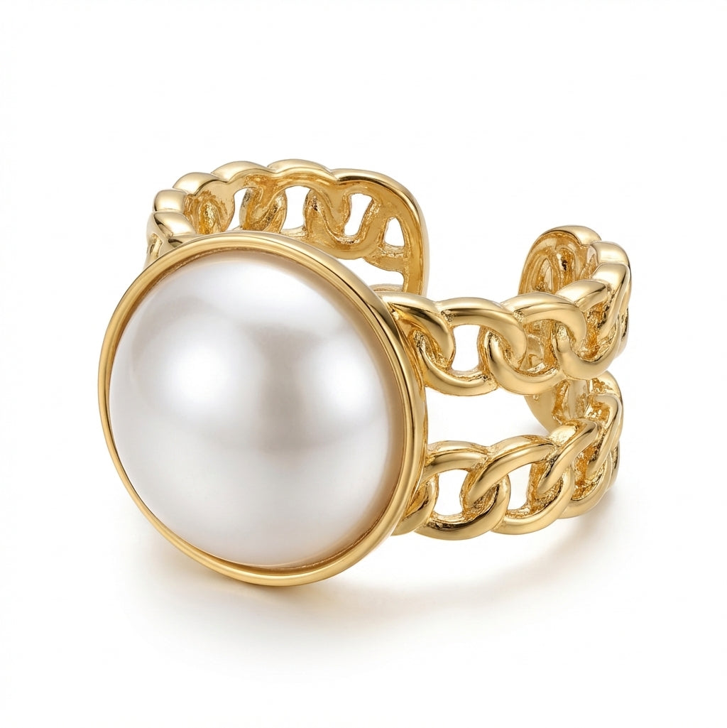 Inel Perlă mare, bandă lanț Oțel Inoxidabil Auriu - Hipoalergenic