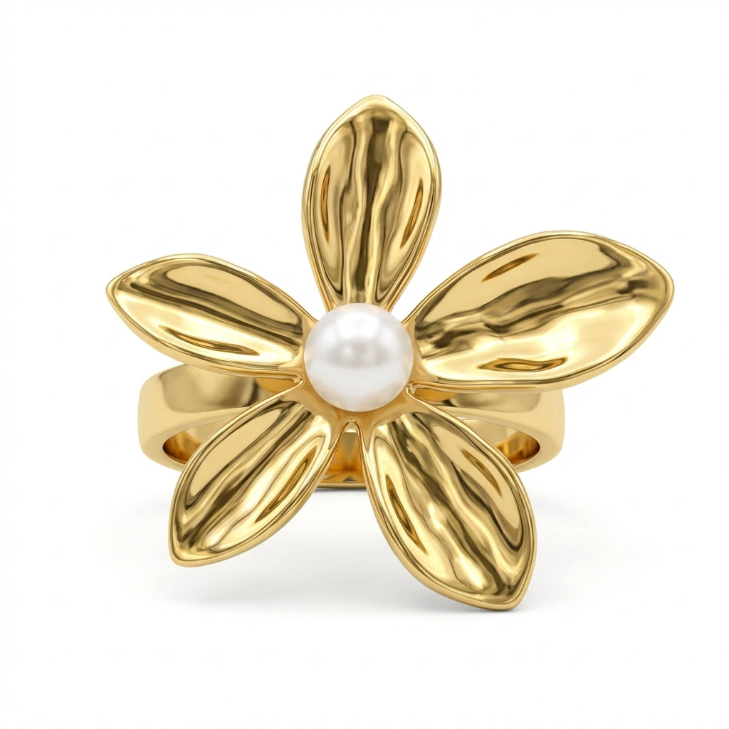 Inel Floare cu perlă cu Zirconiu Cubic Oțel Inoxidabil Placat Aur 18K PVD - Hipoalergenic - IND1636