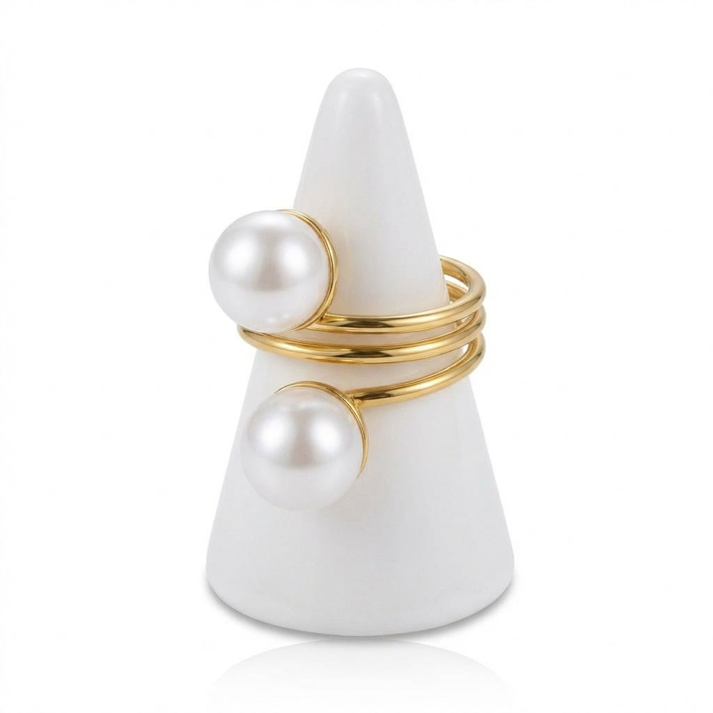 Inel Spiralat cu două perle cu Zirconiu Cubic Oțel Inoxidabil Placat Aur 18K PVD - Hipoalergenic - IND1597