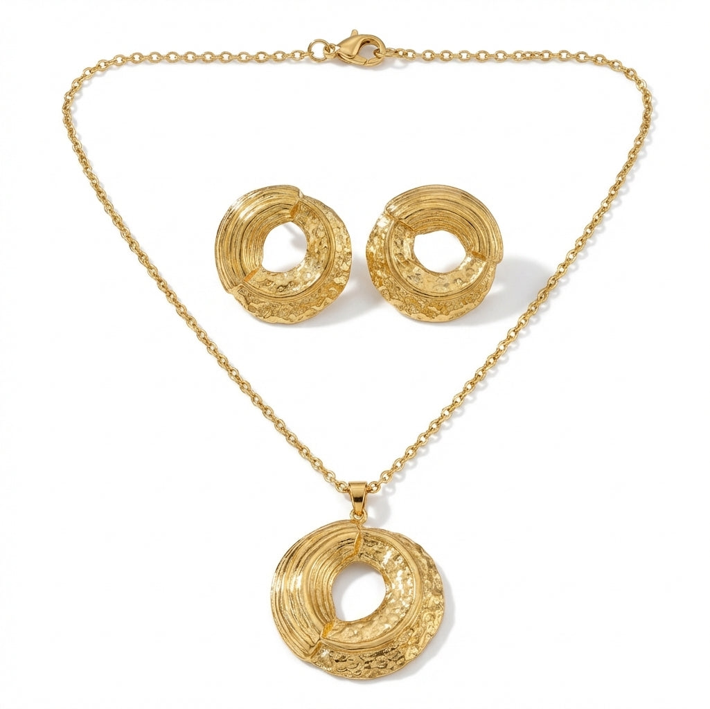 Set Lănțișor și Cercei Inox Auriu Disc Texturat cu Decupaj - Statement - Hipoalergenic