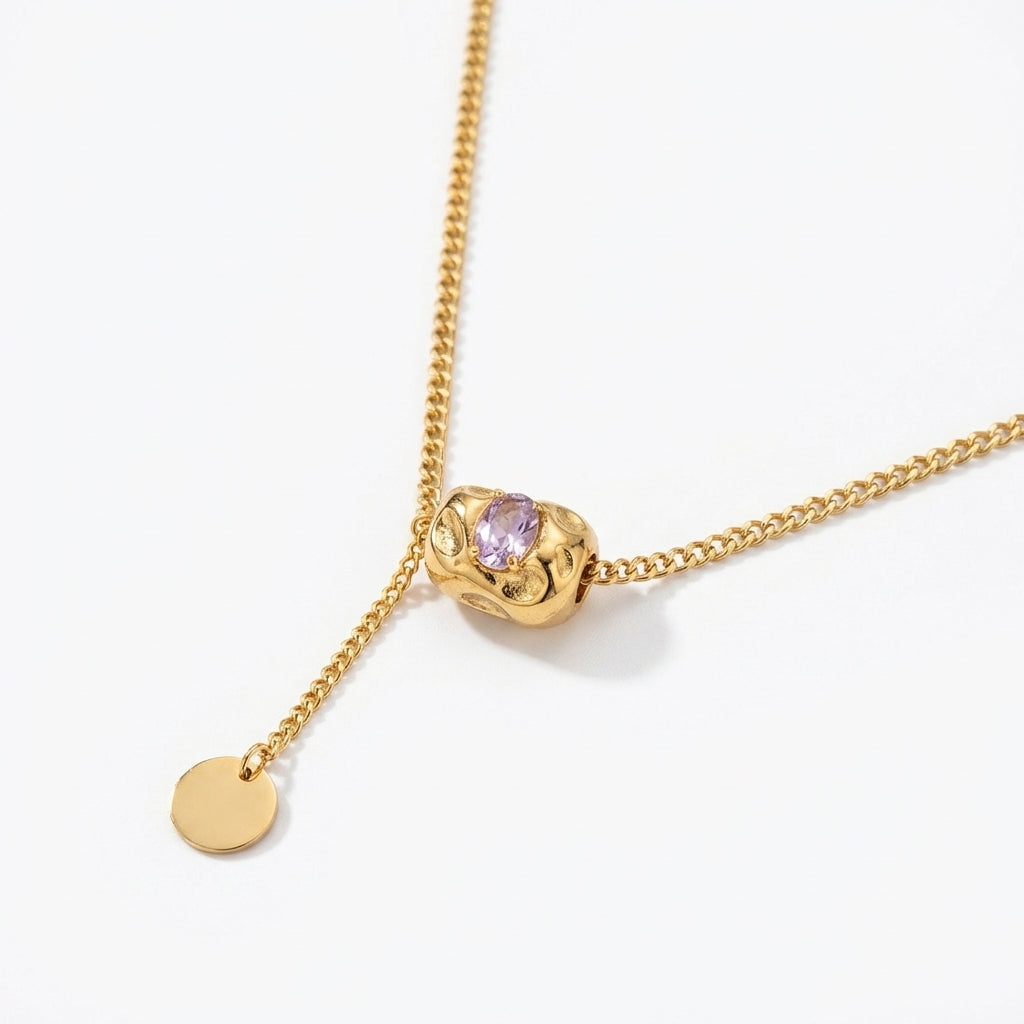 Lănțișor Inox Curb Auriu cu Pandantiv Lariat Mov - Modern - Hipoalergenic