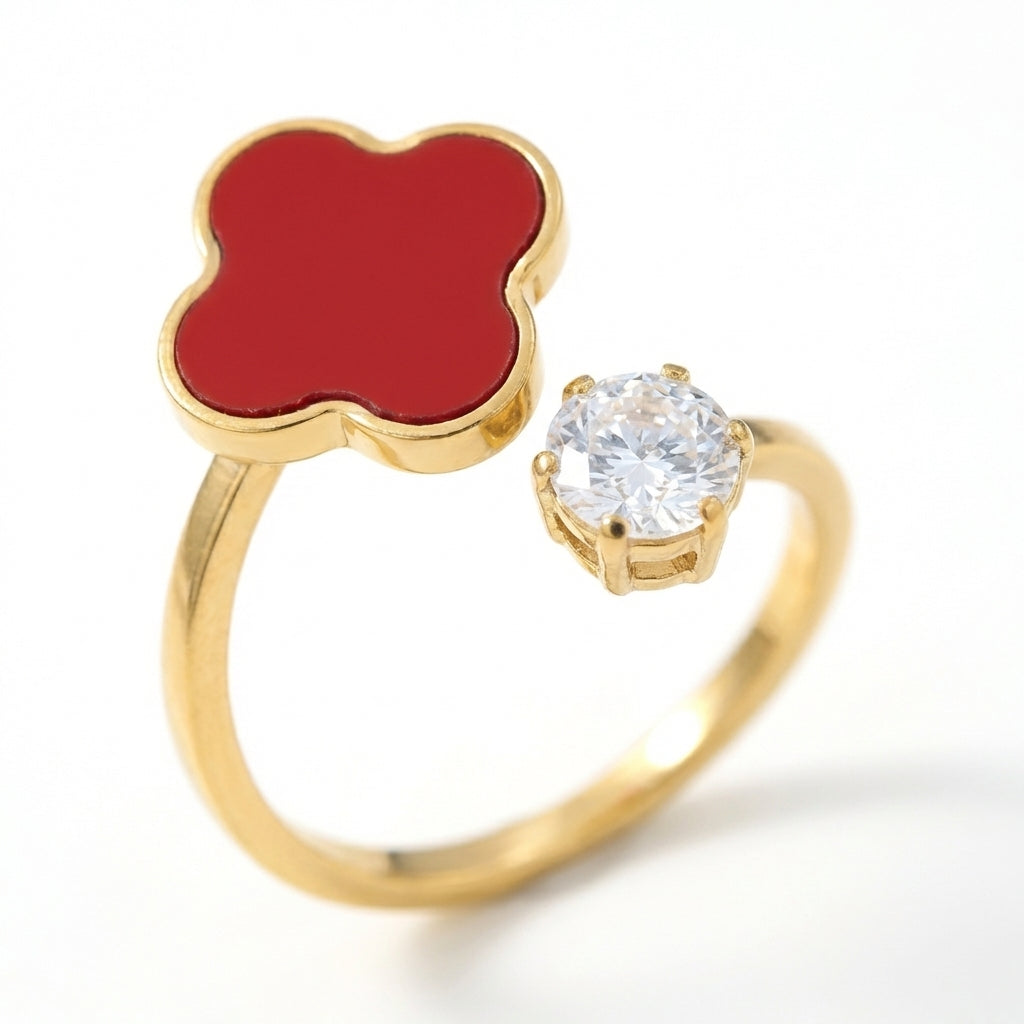 Inel Trifoi Alhambra roșu piatră rotundă cu Zirconiu Cubic Inox Bicolor Placat Aur 18K PVD - Hipoalergenic - IND1701