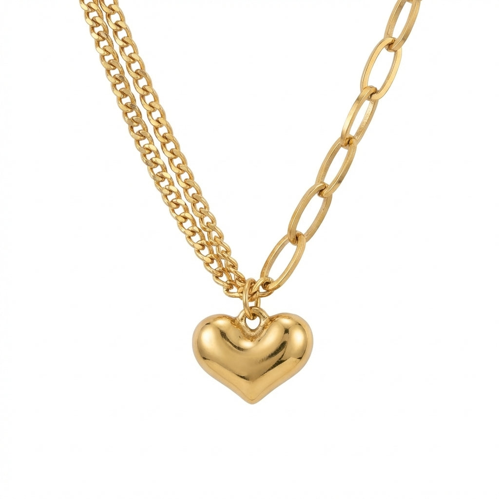 Lănțișor Inox Dublu Auriu cu Pandantiv Inimă - Romantic - Hipoalergenic