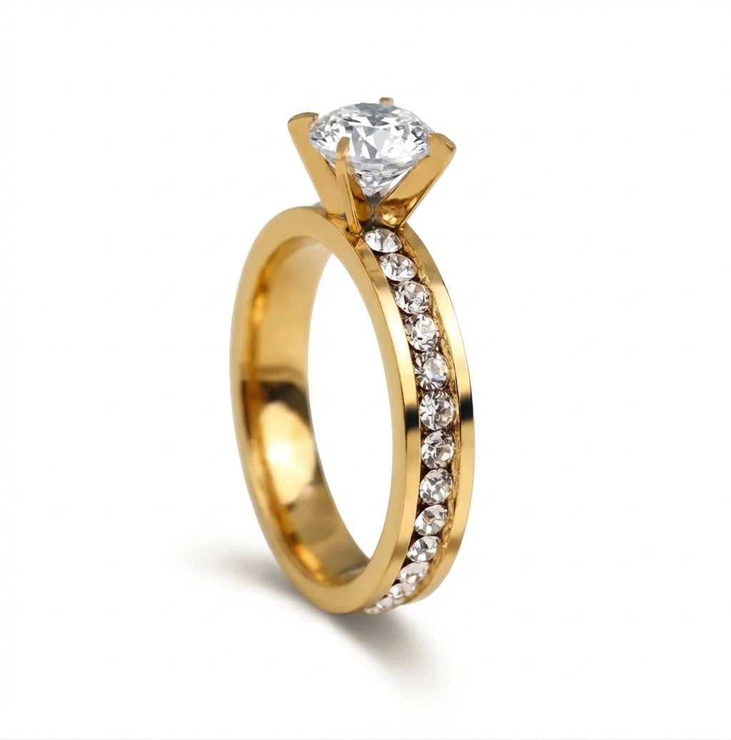Inel de Logodnă Zirconiu Cubic Central cu Bandă Channel - Hipoalergenic Placat Aur 18K PVD - IND1034