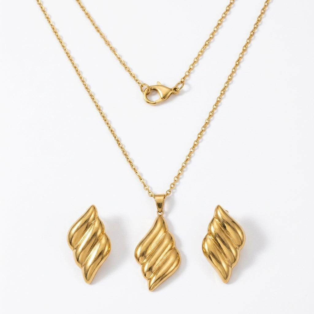 Set Lănțișor și Cercei Inox Auriu Frunză Torsionată - Elegant - Hipoalergenic