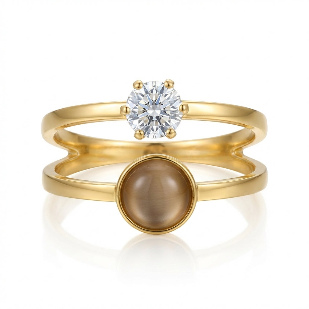 Inel dublu zirconiu rotund Oțel Inoxidabil Auriu - Hipoalergenic