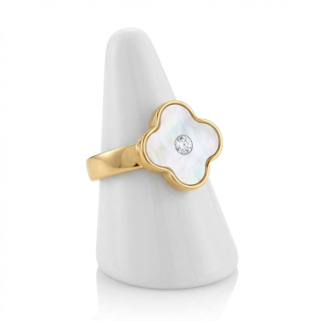 Inel Trifoi Sidef Alb cu Zirconiu Central Oțel Inoxidabil 18mm - IND1697 - Placat Aur 18K PVD