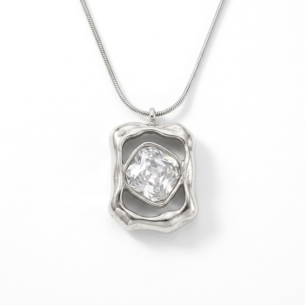 Lănțișor Inox Snake Argintiu cu Pandantiv Cristal Cushion - Statement - Hipoalergenic