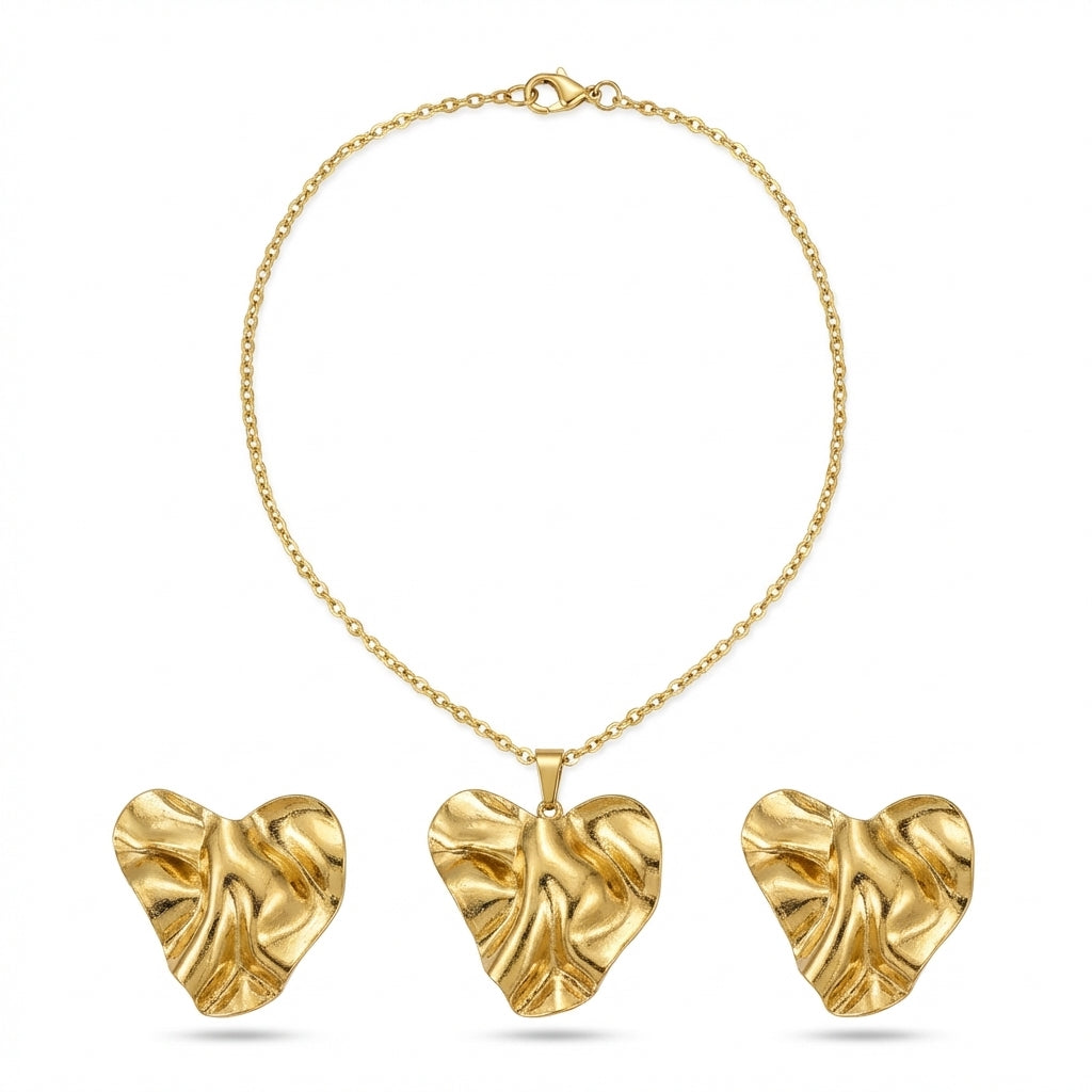 Set Lănțișor și Cercei Inox Auriu Inimă Sculptata Crinkled - Statement - Hipoalergenic