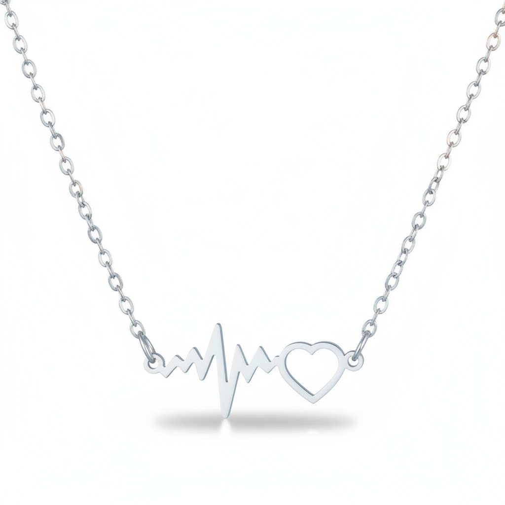 Lănțișor Inox cu Pandantiv Heartbeat Argintiu - Romantic - Hipoalergenic