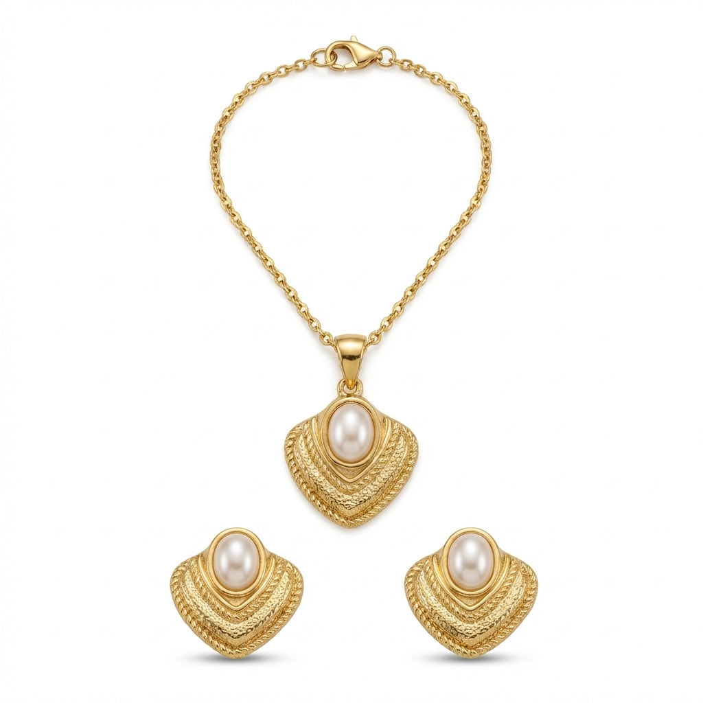 Set Lănțișor și Cercei Inox Auriu cu Pandantiv Evantai și Perlă - Elegant - Hipoalergenic