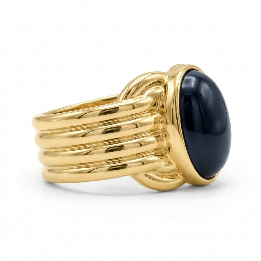 Inel cabochon negru Oțel Inoxidabil Placat Aur 18K PVD - Hipoalergenic - IND1655