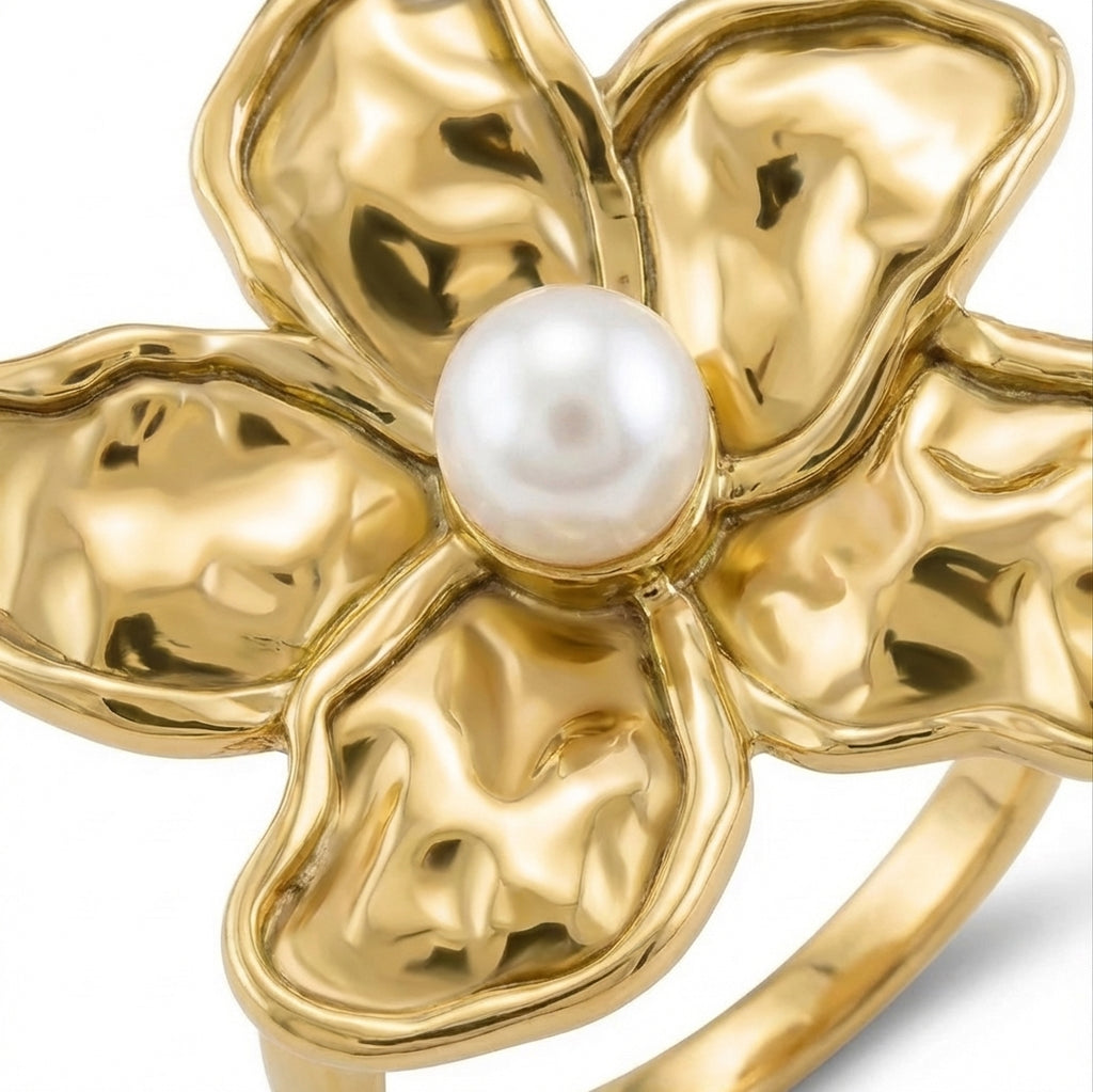 Inel Floare texturată cu perlă cu Zirconiu Cubic Oțel Inoxidabil Placat Aur 18K PVD - Hipoalergenic - IND1629