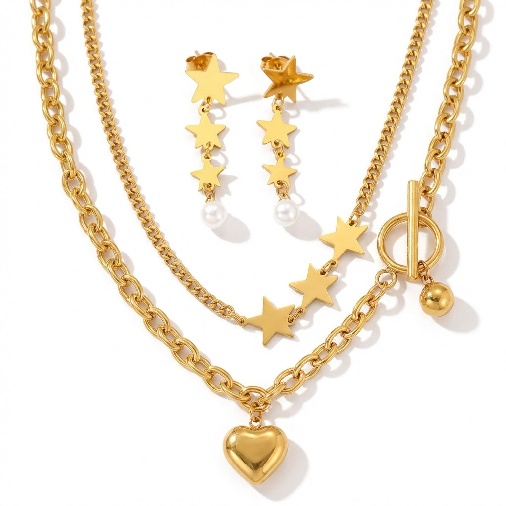 Set Lănțișor și Cercei Inox Auriu cu Pandantiv Inimă și Stele - Romantic Statement Oțel Inoxidabil - LPD1417 4 cm - Hipoalerg
