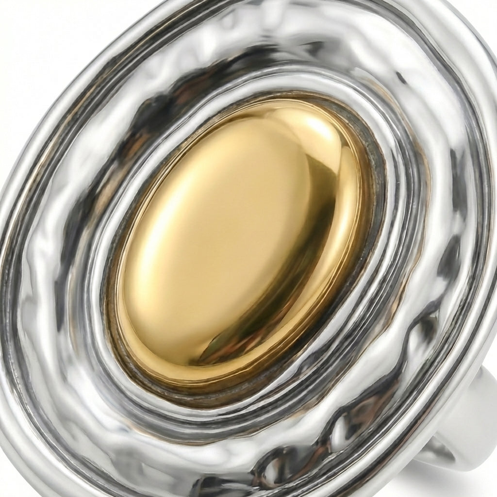 Inel Oval texturat bicolor Oțel Inoxidabil Bicolor Placat Aur 18K PVD - Hipoalergenic - IND1610