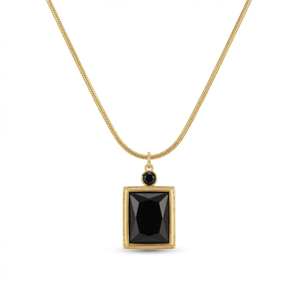 Lănțișor Inox Snake Auriu cu Pandantiv Onix Negru - Elegant - Hipoalergenic