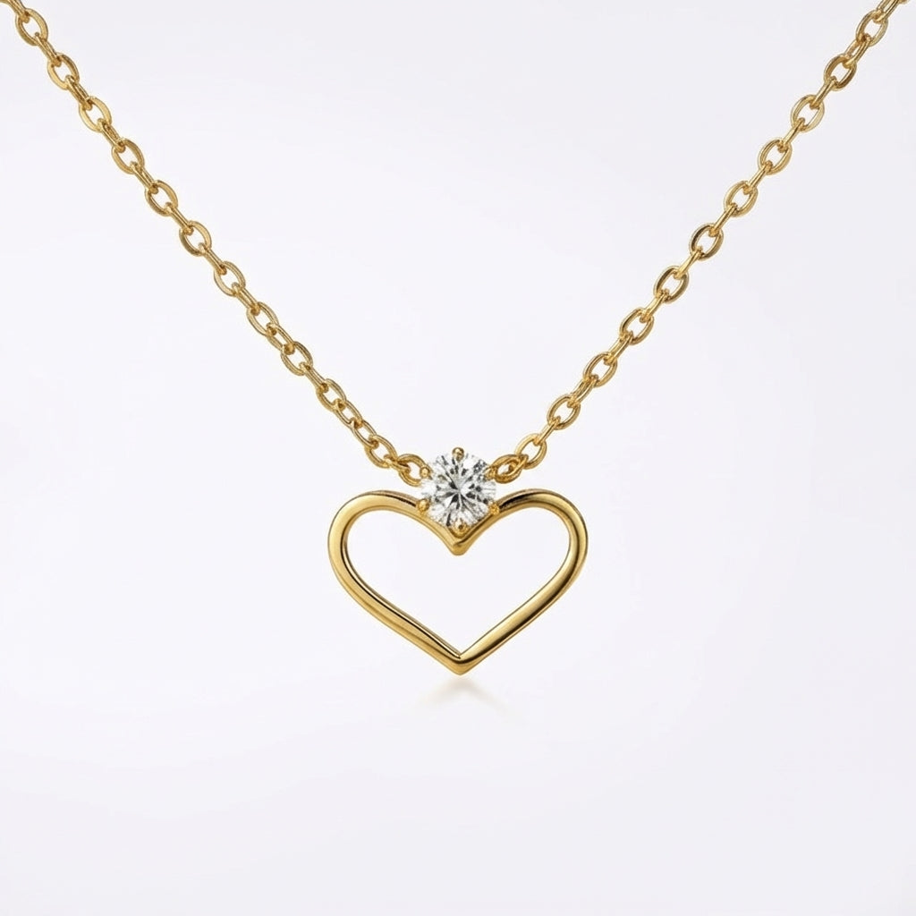 Lănțișor Inox Cable Auriu cu Pandantiv Inimă Deschisă și Cristal - Romantic - Hipoalergenic