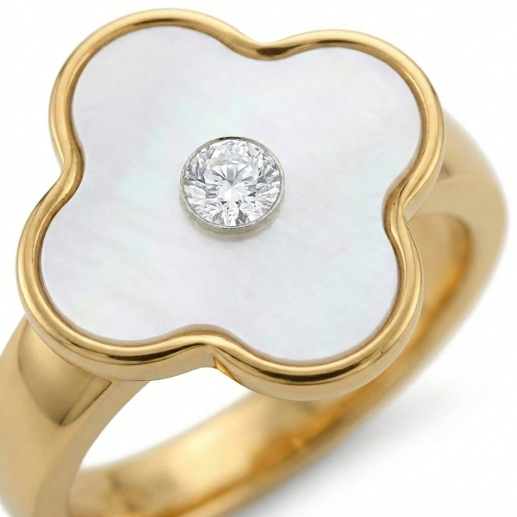 Inel Trifoi Sidef Alb cu Zirconiu Central Oțel Inoxidabil 18mm - IND1697 - Placat Aur 18K PVD