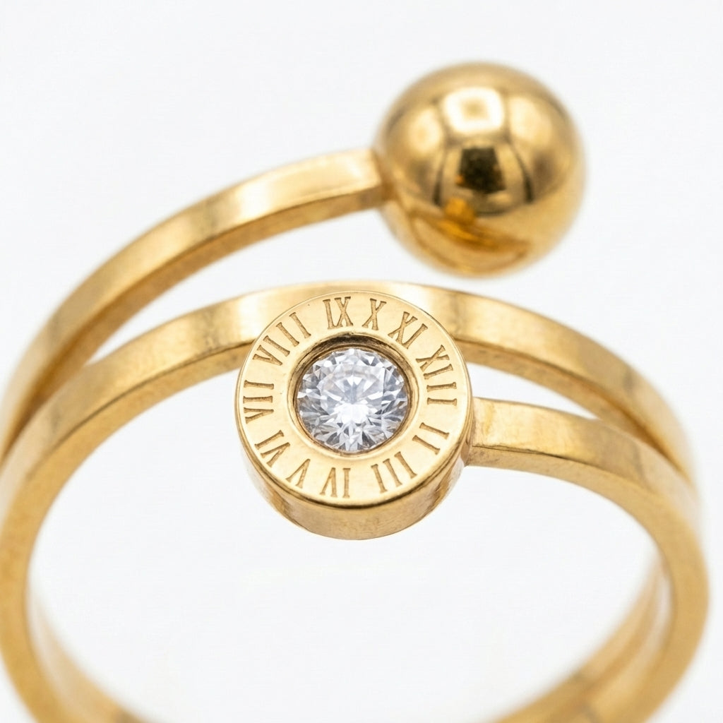 Inel Disc cifre romane, bilă cu Zirconiu Cubic Oțel Inoxidabil Placat Aur 18K PVD - Hipoalergenic - IND1355