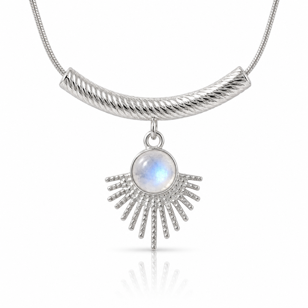 Lănțișor Inox Snake Chain Argintiu cu Pandantiv Evantai Moonstone - Boem - Hipoalergenic - LPD1509