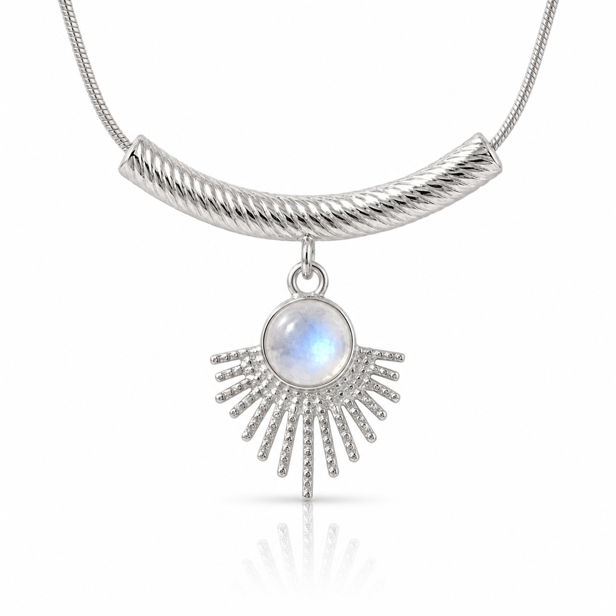Lănțișor Inox Snake Chain Argintiu cu Pandantiv Evantai Moonstone - Boem - Hipoalergenic - LPD1509