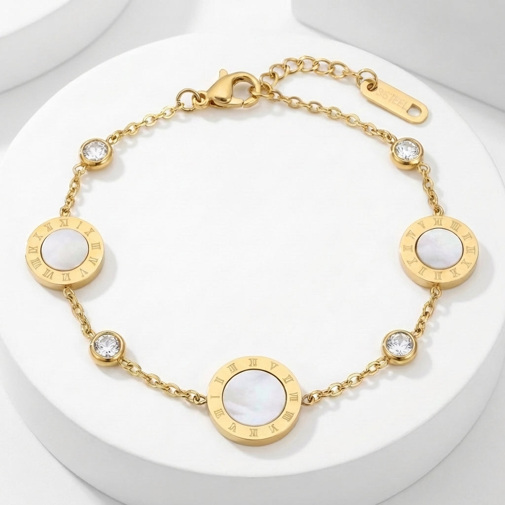 Brățară Cercuri sidef cifre romane Oțel Inoxidabil 16.5 cm Placat Aur 18K PVD - Hipoalergenică - BF1184