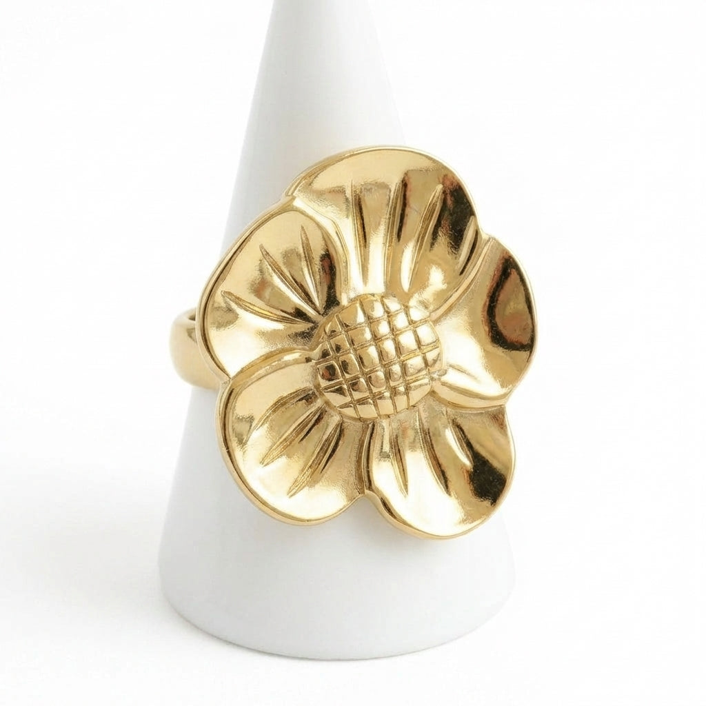 Inel Floare sculptată Oțel Inoxidabil Placat Aur 18K PVD - Hipoalergenic - IND1628