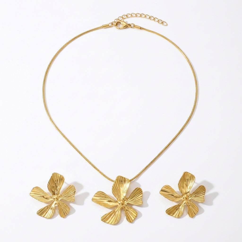 Set Lănțișor și Cercei Inox Auriu cu Pandantiv Floare - Boho Elegant Oțel Inoxidabil - LPD1408 3.8 cm - Hipoalergenici