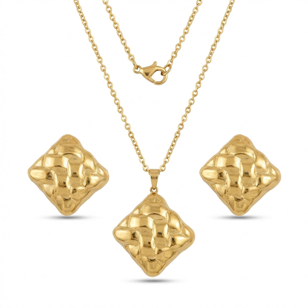 Set Lănțișor și Cercei Inox Auriu cu Pandantiv Romb Quilted - Elegant - Hipoalergenic