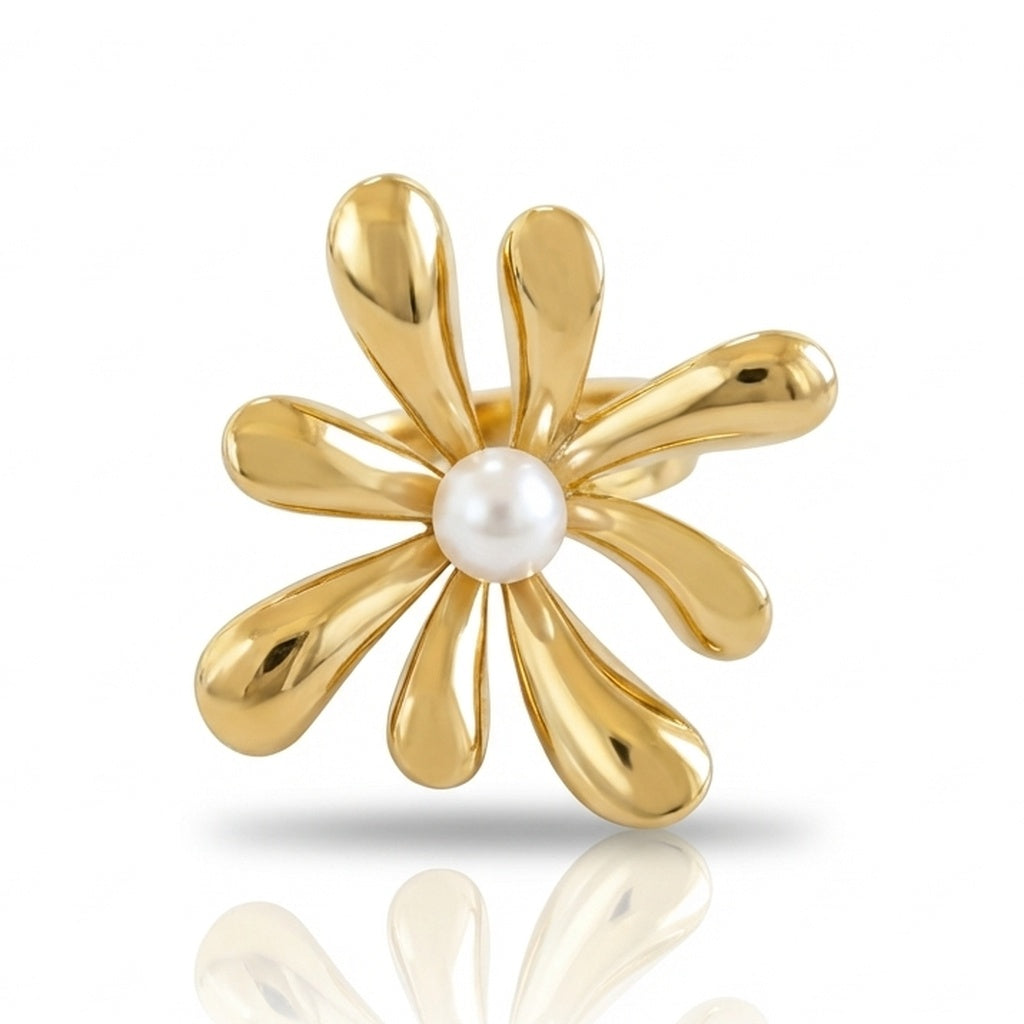 Inel Floare cu perlă cu Zirconiu Cubic Oțel Inoxidabil Placat Aur 18K PVD - Hipoalergenic - IND1621