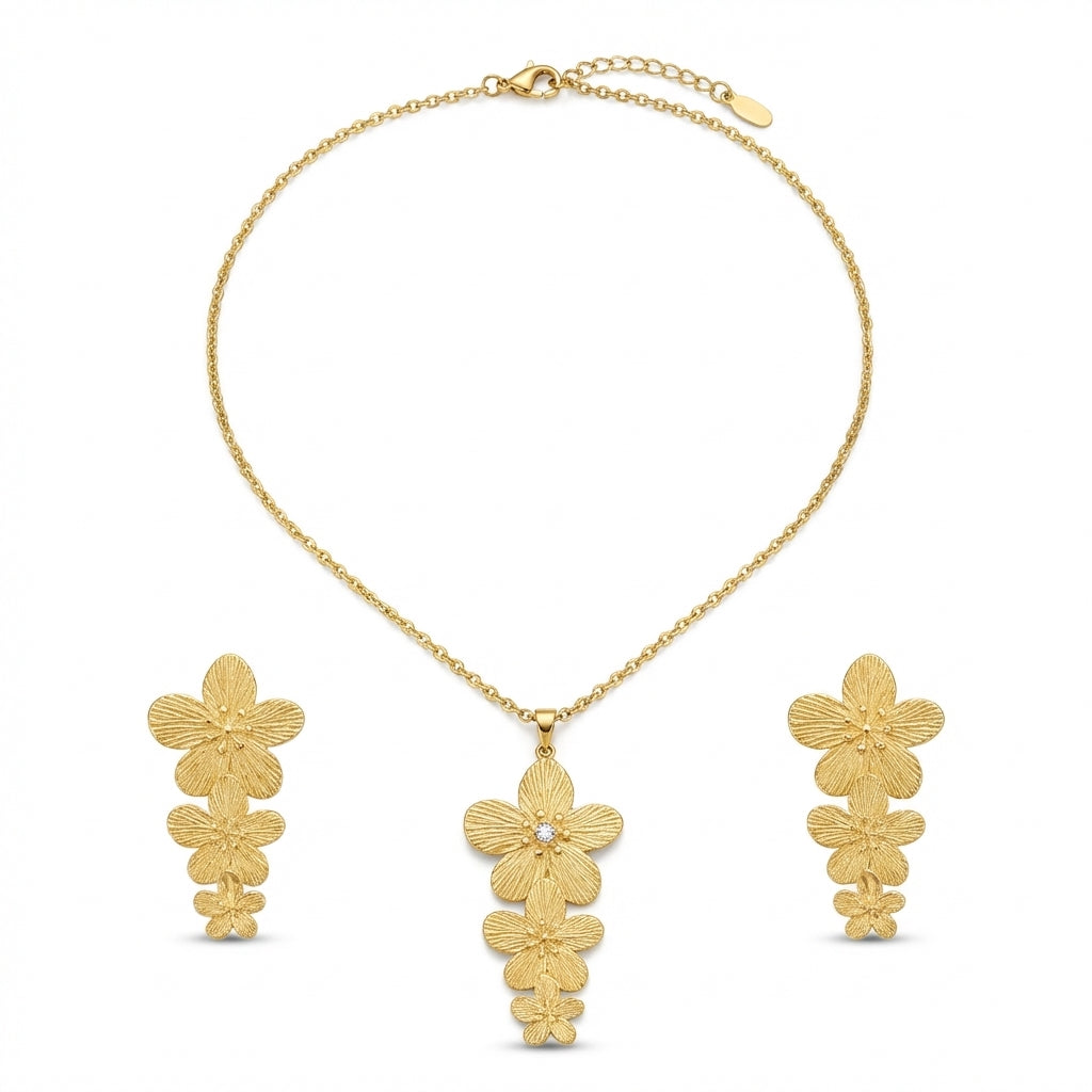 Set Lănțișor și Cercei Inox Auriu cu Pandantiv Cascadă Flori - Romantic - Hipoalergenic