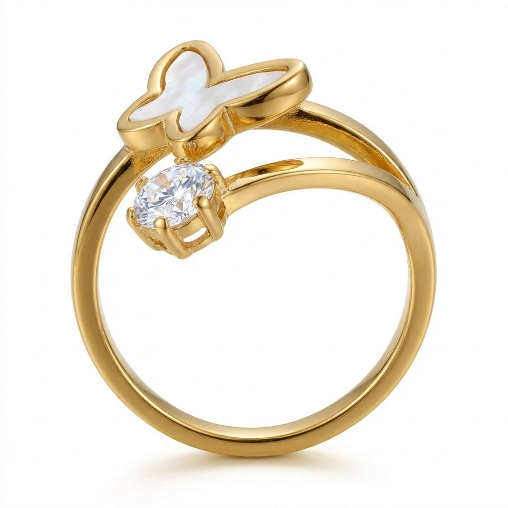 Inel Fluture sidef cu piatră Sidef Alb Oțel Inoxidabil Placat Aur 18K PVD - Hipoalergenic - IND1641