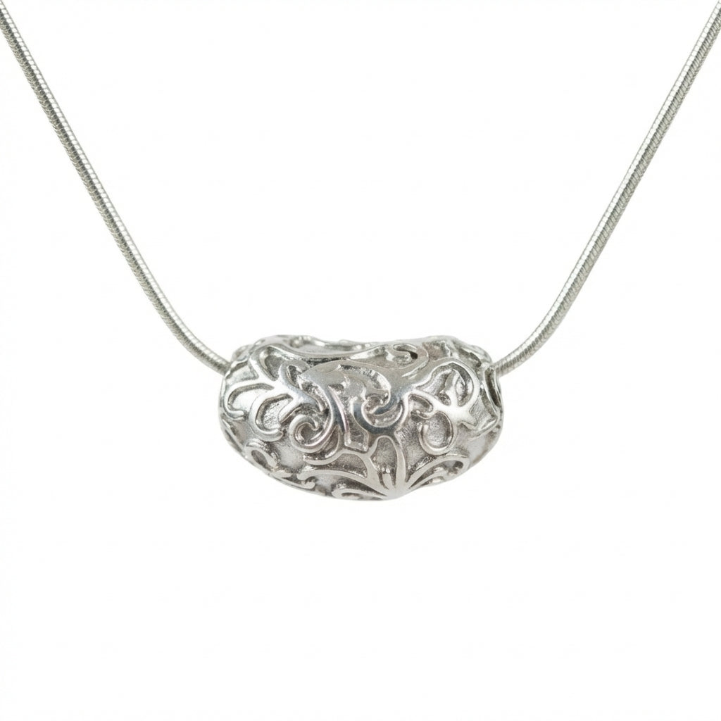 Lănțișor Inox Snake Argintiu cu Pandantiv Filigran Bean - Artizanal - Hipoalergenic