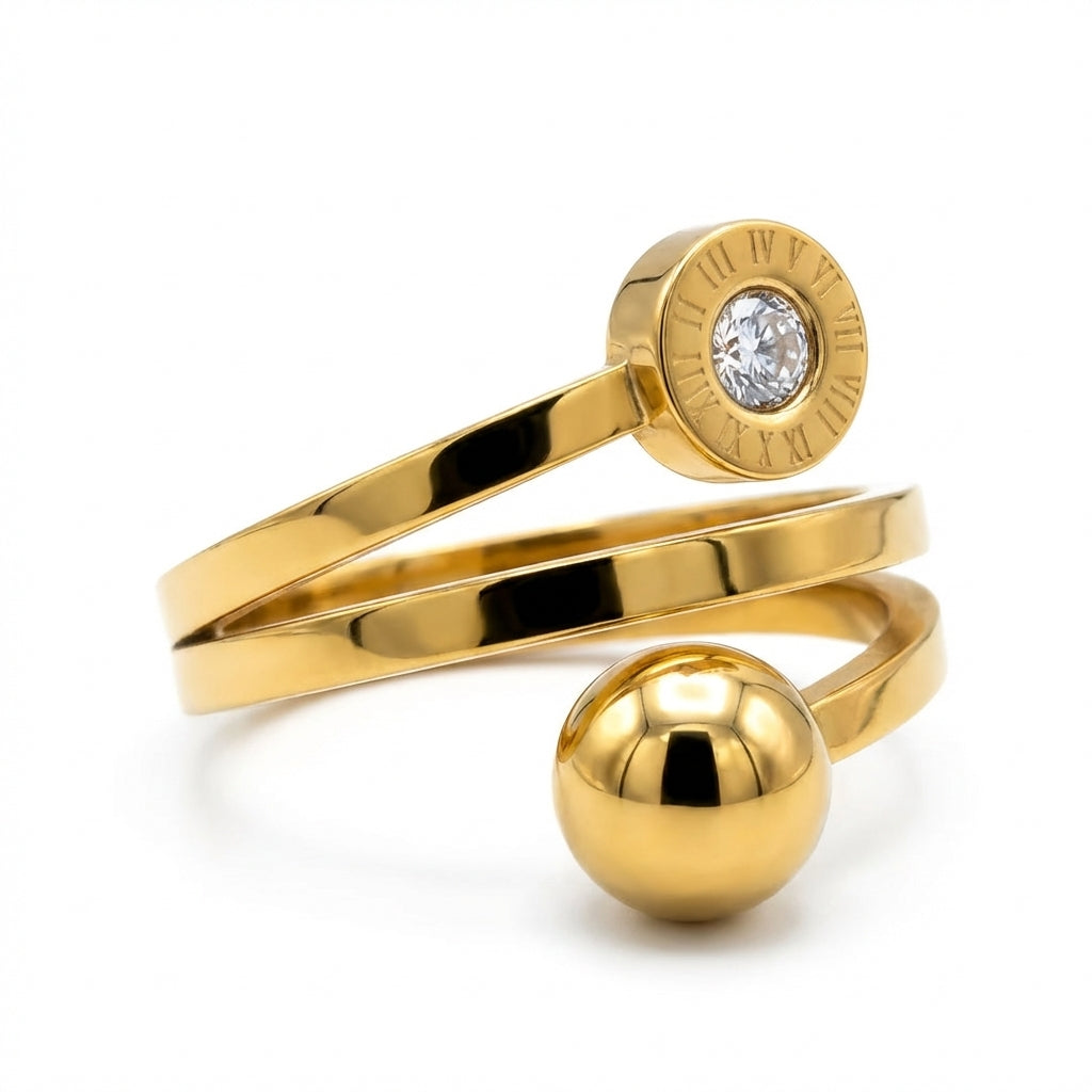 Inel Disc cifre romane, bilă cu Zirconiu Cubic Oțel Inoxidabil Placat Aur 18K PVD - Hipoalergenic - IND1355