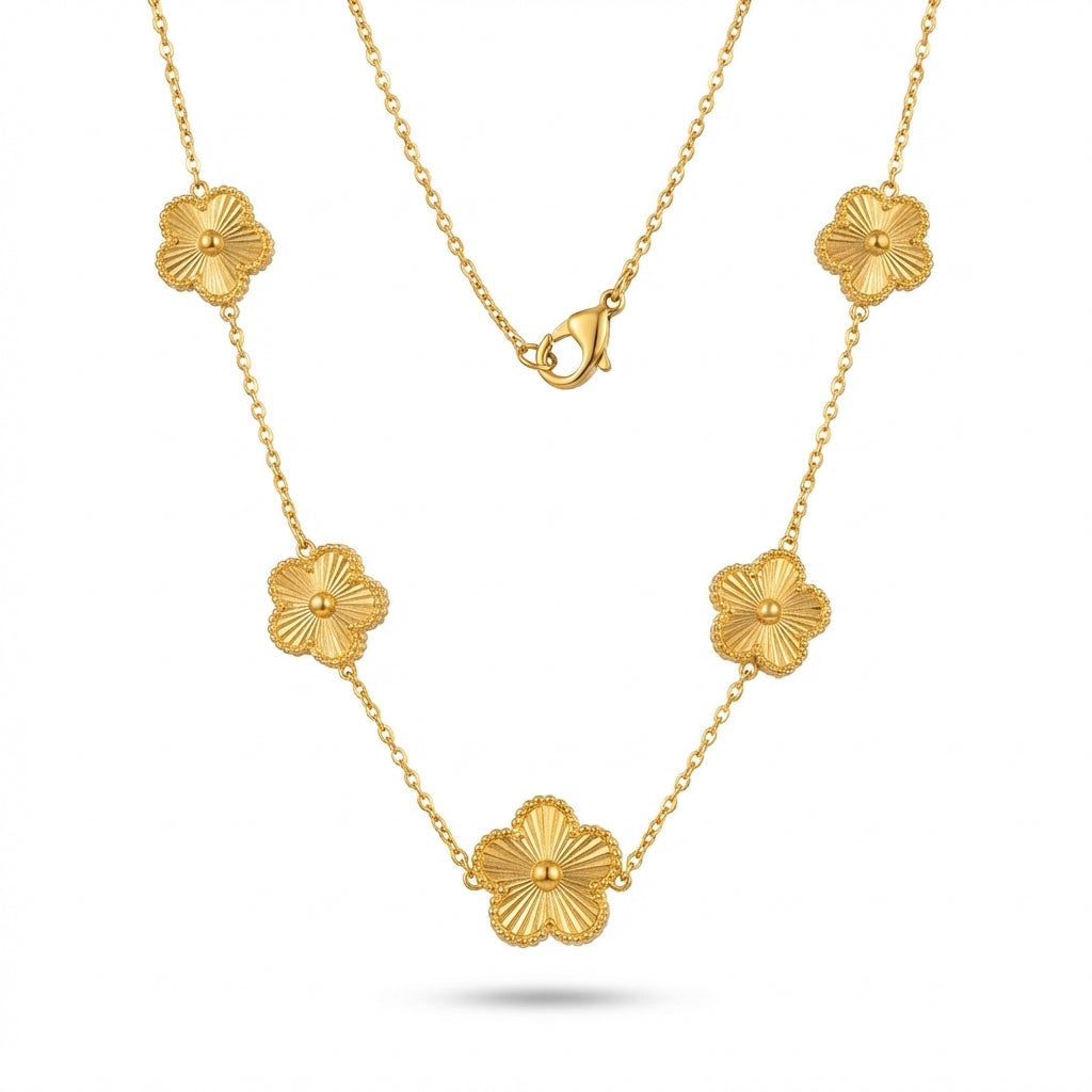 Lănțișor Inox Station Auriu cu 5 Flori Guilloché - Elegant - Hipoalergenic