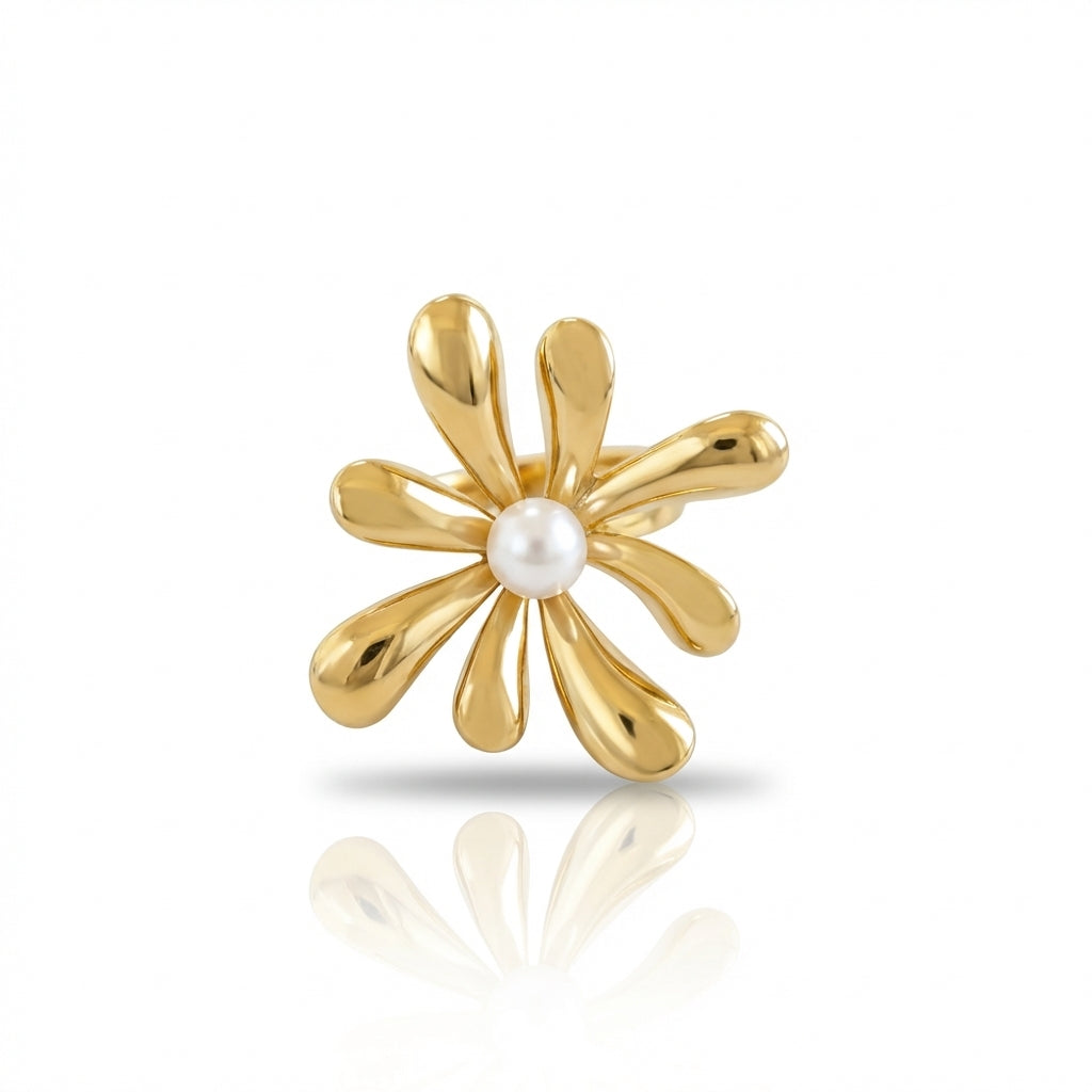 Inel Floare cu perlă cu Zirconiu Cubic Oțel Inoxidabil Placat Aur 18K PVD - Hipoalergenic - IND1621