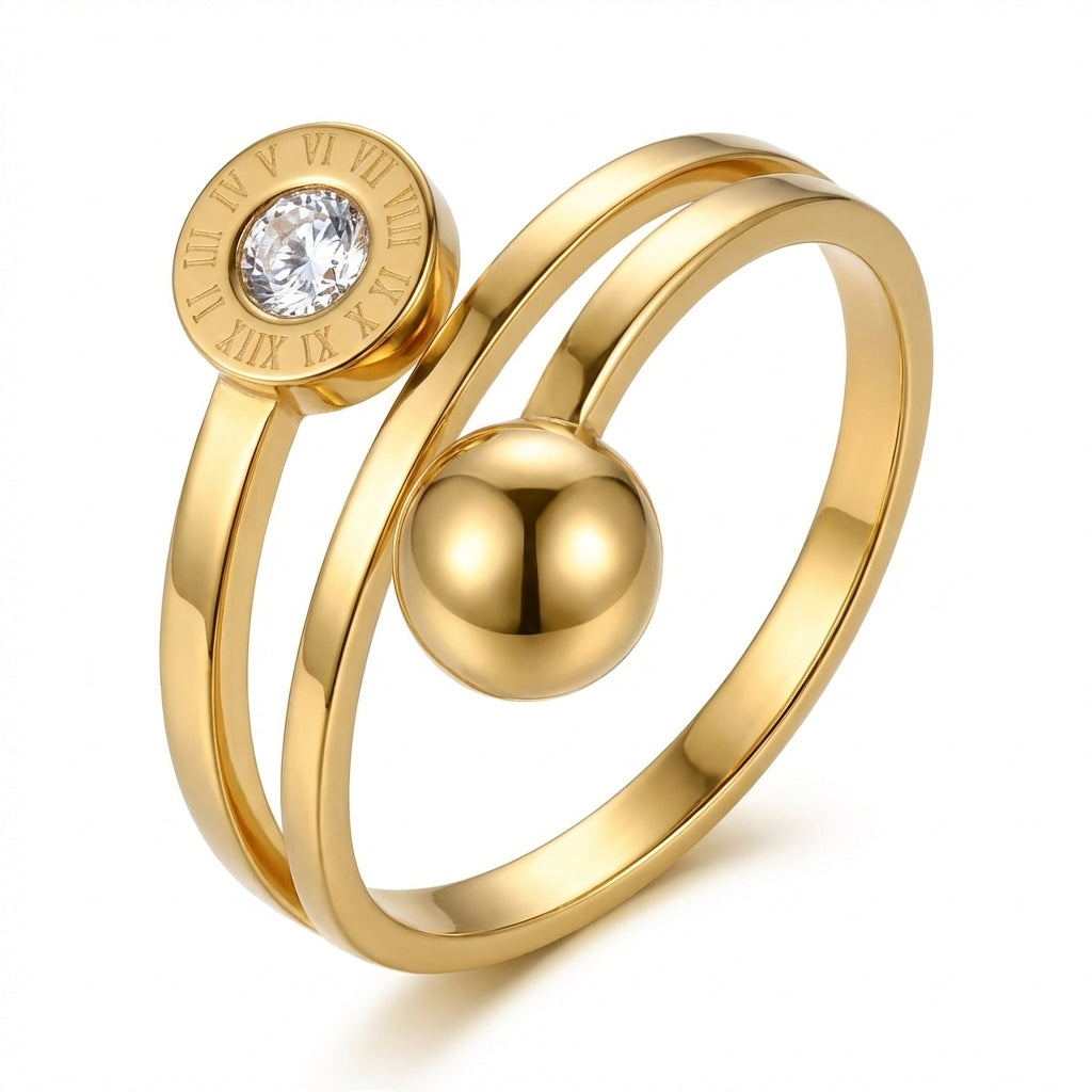 Inel Disc cifre romane, bilă cu Zirconiu Cubic Oțel Inoxidabil Placat Aur 18K PVD - Hipoalergenic - IND1355