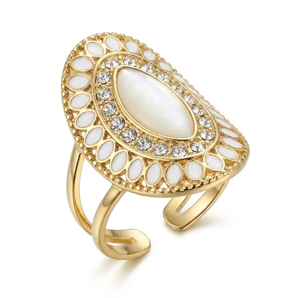 Inel oval cu sidef și zirconii Oțel Inoxidabil Placat Aur 18K PVD - Hipoalergenic - IND1867