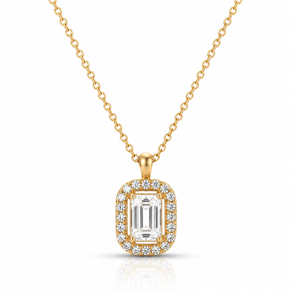 Lănțișor Inox Cable Chain cu Pandantiv Halo Emerald Cut - Elegant - Hipoalergenic Placat Aur 18K PVD - LPD1520