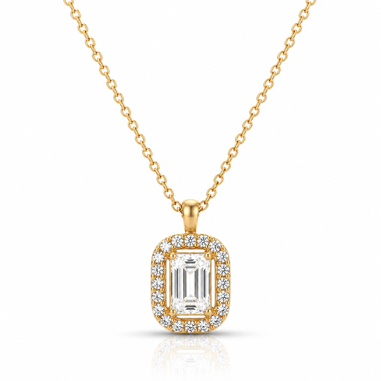 Lănțișor Inox Cable Chain cu Pandantiv Halo Emerald Cut - Elegant - Hipoalergenic Placat Aur 18K PVD - LPD1520