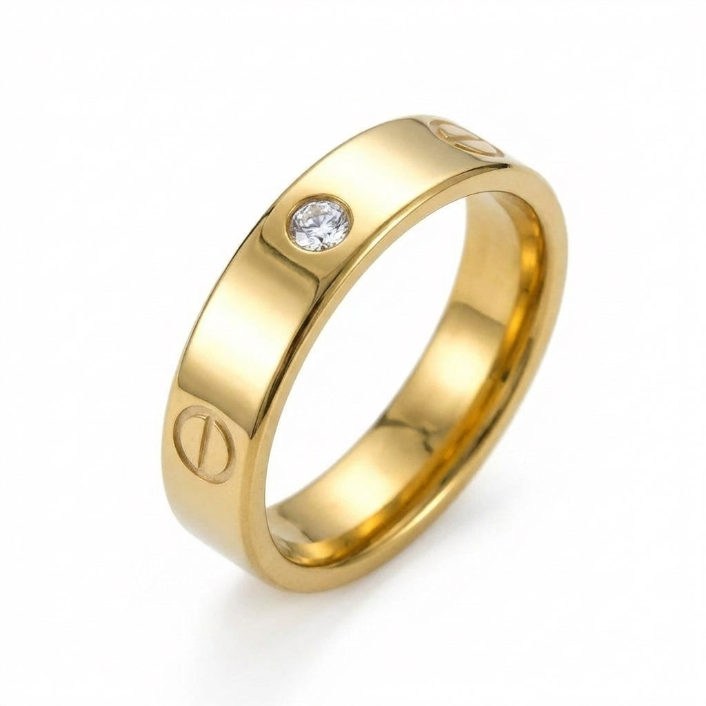 Inel Bandă cu Șuruburi și Zirconiu Cubic Oțel Inoxidabil Placat Aur 18K PVD - Hipoalergenic - IND1814