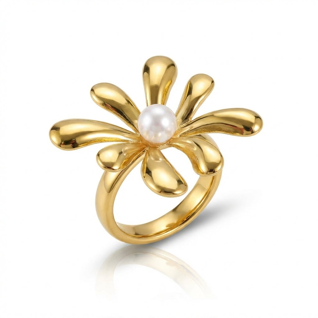 Inel Floare cu perlă cu Zirconiu Cubic Oțel Inoxidabil Placat Aur 18K PVD - Hipoalergenic - IND1621