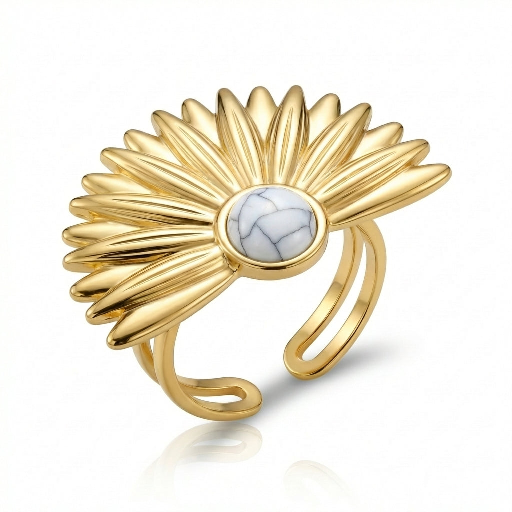 Inel Petale aurii piatră centrală Howlite Albă Inox Bicolor Placat Aur 18K PVD - Hipoalergenic - IND1606