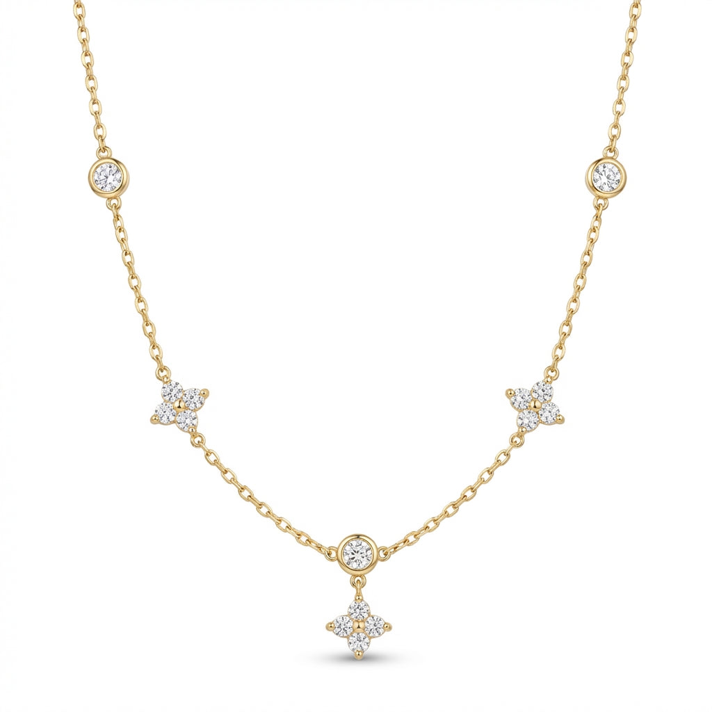 Lănțișor Inox Cable Auriu cu Motive Florale Cristale - Romantic - Hipoalergenic