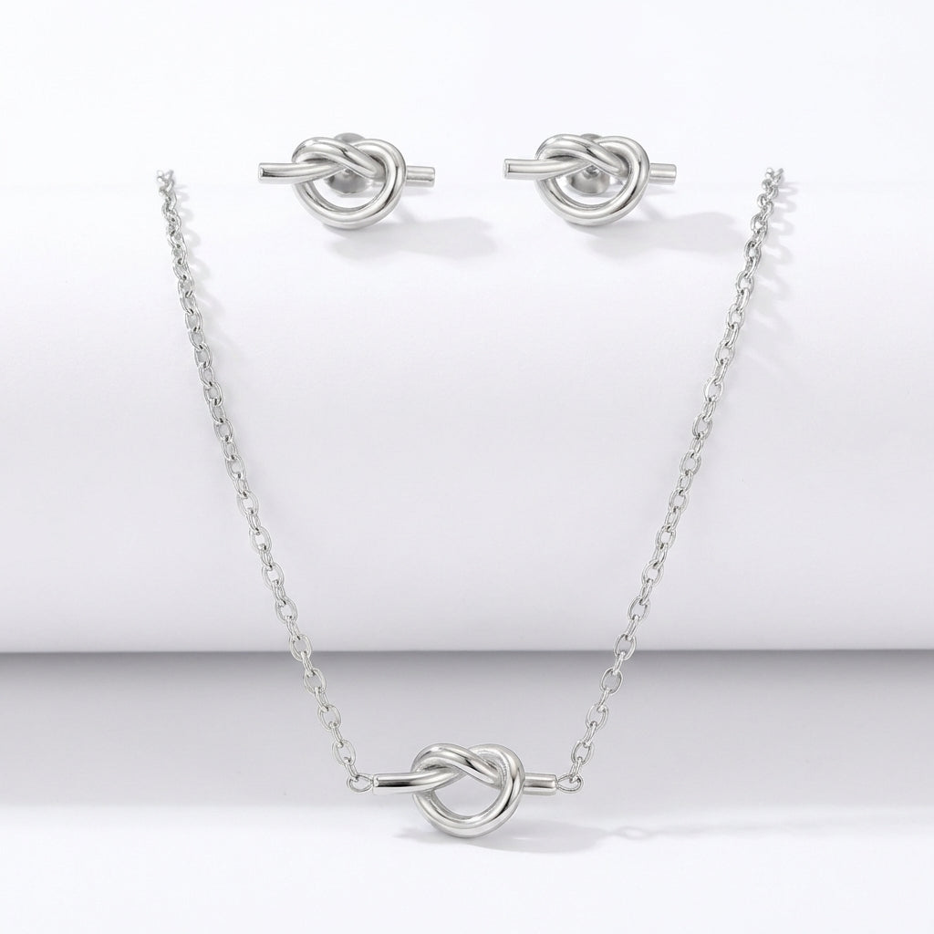 Set Lănțișor Inox Cable Argintiu cu Pandantiv Nod și Cercei - Minimalist - Hipoalergenic